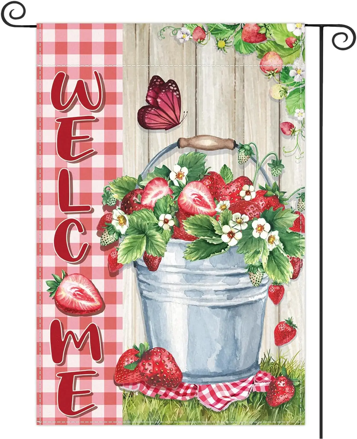 Welcome Strawberry Garden Flag Spring Summer Red Fruit Plaid Check Yard Flag Hello Summer Farmhouse Yard Outside Decorations GGX