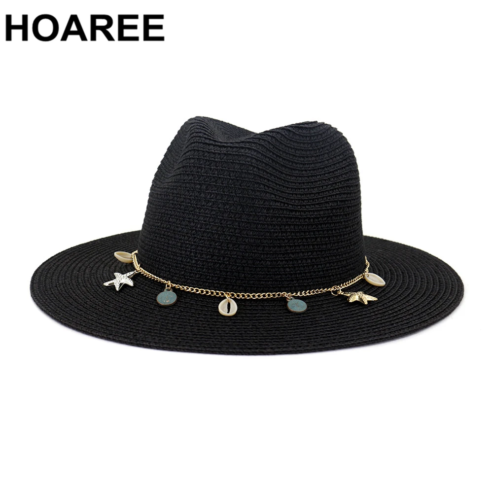 HOAREE White Panama Hat Women Summer Wide Brim Straw SunHat Ladies HatsTravel Beach British Style Brand New Female Fedora