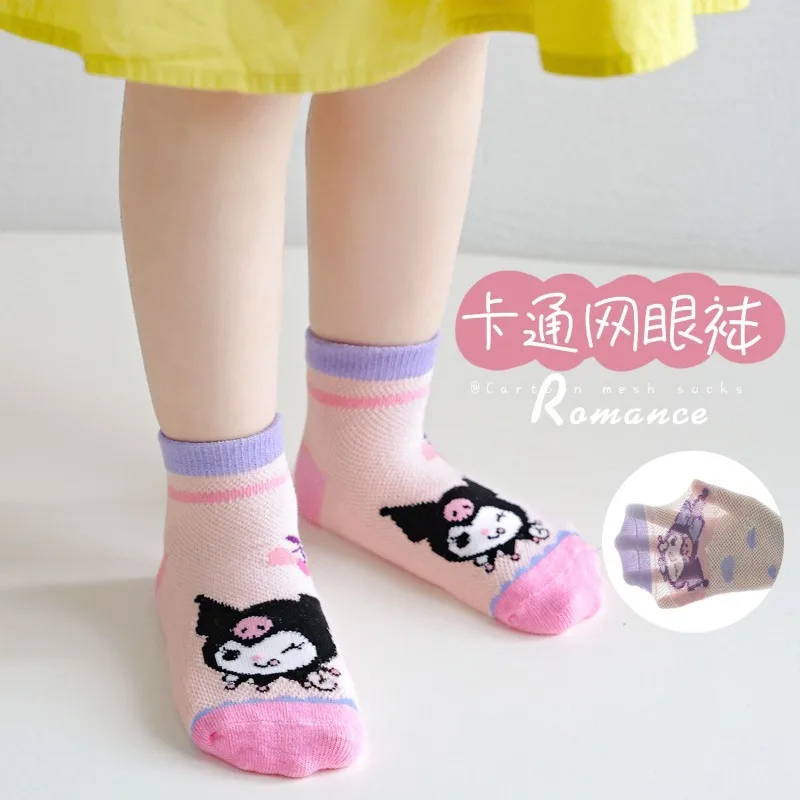 5 Pairs Sanrio Kuromi Kids Socks Mesh Breathable Ice Thin Socks Summer Kawaii Cartoon Childrens Mid-calf Cotton Sock for Girls