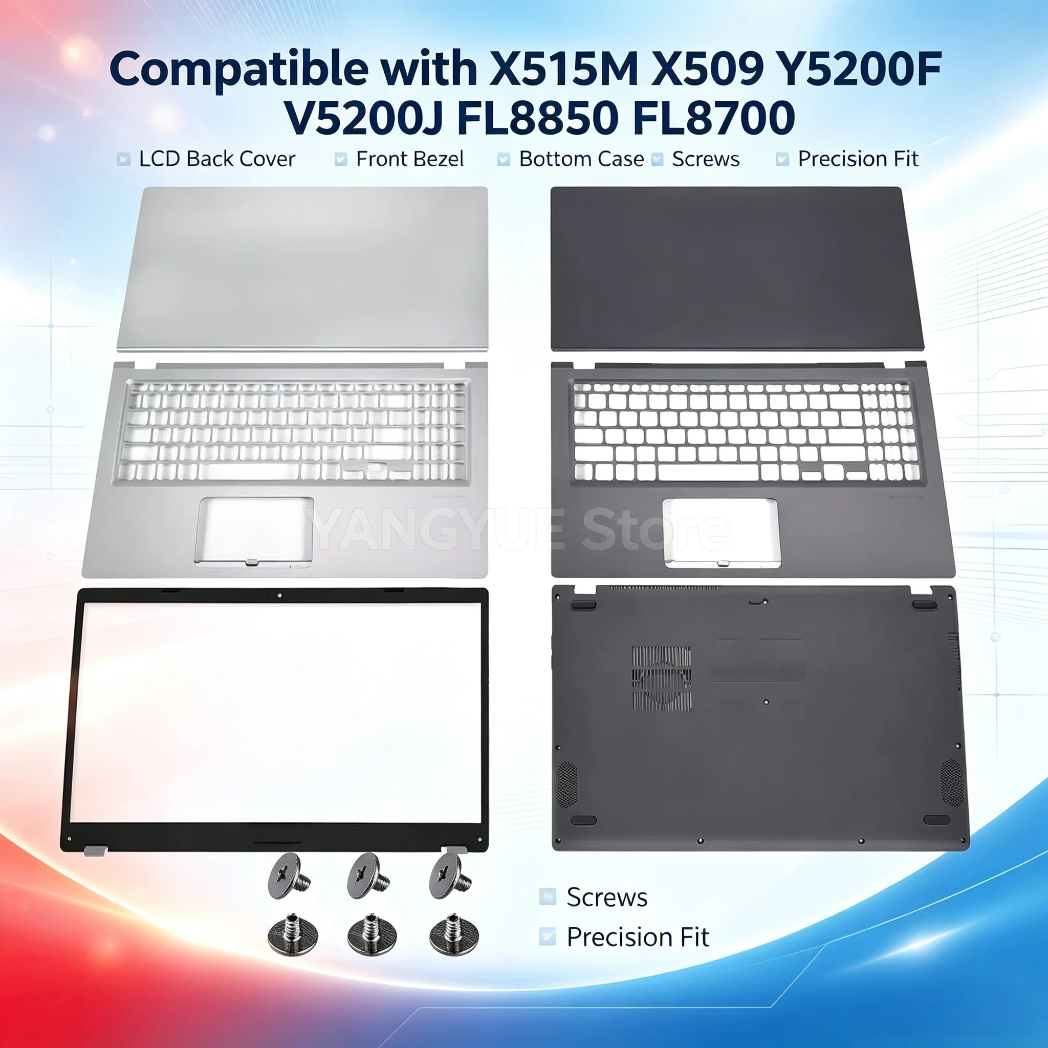 New Complete Laptop Housing Covers Replacement Parts For X515M X509 Y5200F V5200J FL8850 FL8700 LCD Back Cover Front Bezel