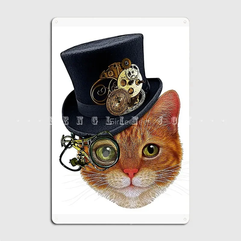 Orange Cat With Steampunk Hat And Monocle Poster Metal Plaque Cinema Kitchen Living Room Design Plaques Tin Sign Poster