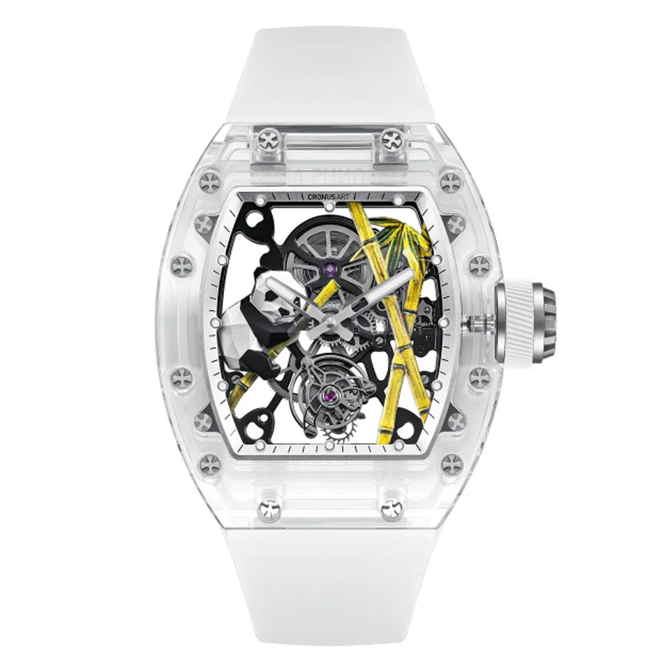 CRONUSART Männer Tourbillon Uhr Tonneau Automatische Mechanische Armbanduhr Saphir Fall Leucht Fluororubber Strap Skeleton Panda