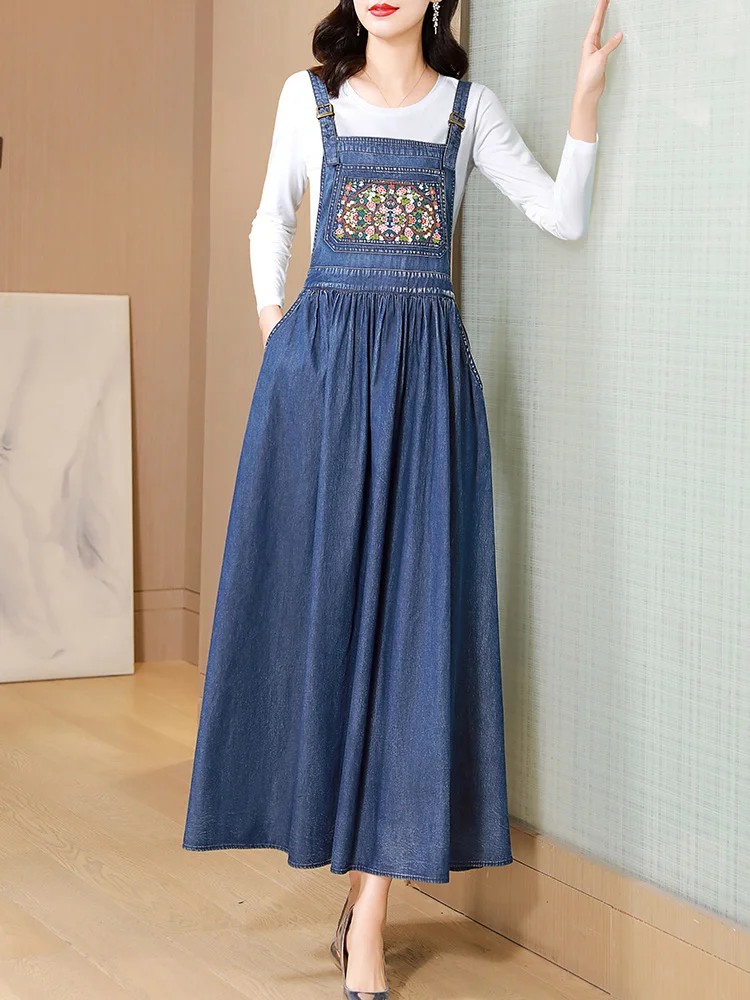 TIYIHAILEY-Women's Long Mid-Calf Denim Dress with Pockets, Vintage Chinese Style, Sleeveless Embroidery Dress, New,2024