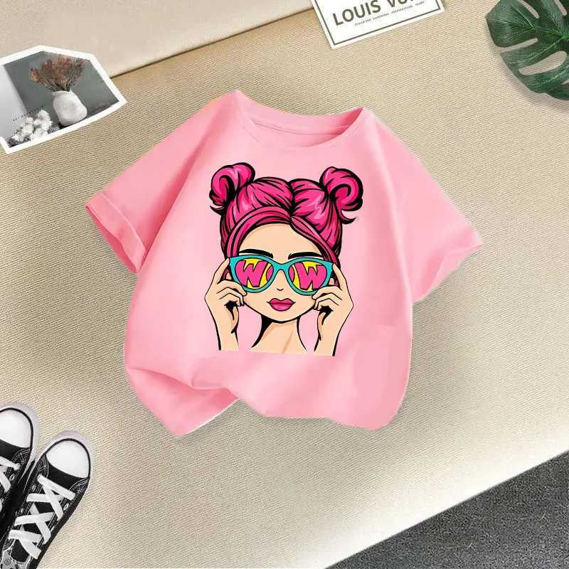 2024 Summer Girls T-shirts Cartoon Short-sleeve Tops for Kids Pink Glasses Candy Color BlouseTees Baby Clothing 1-10TCute