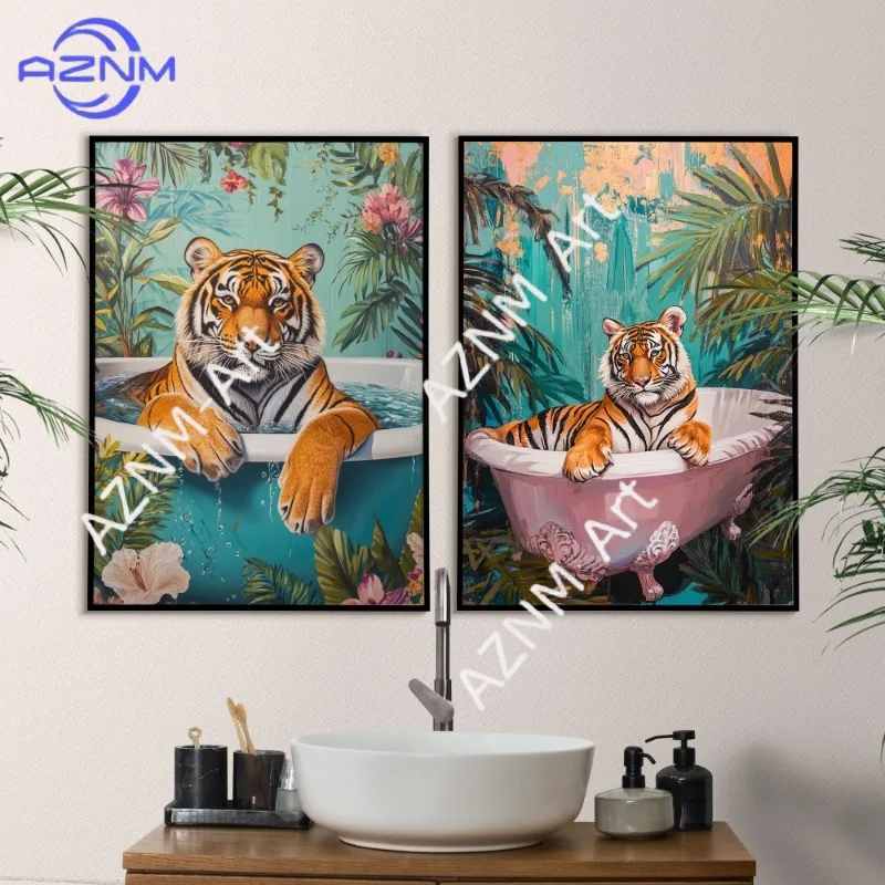 1pc Frameless Relaxing Animals in The Swimming Pool Float Tropical Lion Tiger Cat Canvas Painting Art Interesting Bathroom Decor