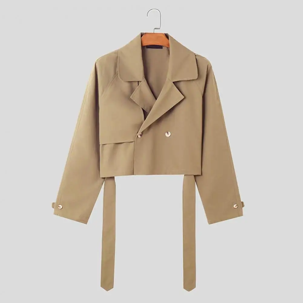 Cropped Windbreaker Jacket Retro Lapel Long Sleeve Single Breasted Solid Color Belted Windbreaker