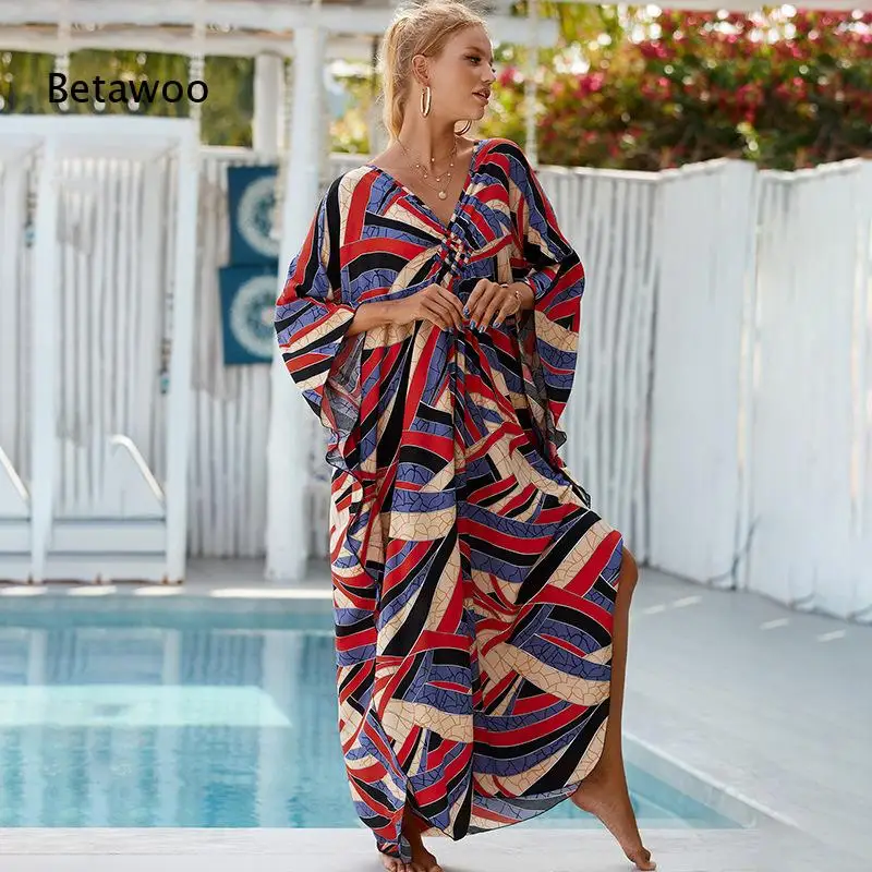 Oversized Beach Cover Up Caftan Deep V Neck Elastic Cinched Waist Wide Batwing Sleeve High Side Slit Long Dress Multiple Prints
