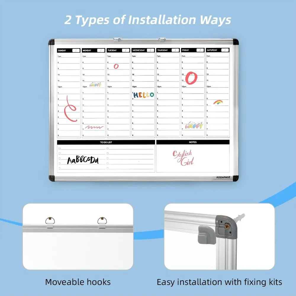 لوح مسح جاف أسبوعي مزدوج الجوانب، 36 × 24، فتحات وقت كل ساعة، تقويم السبورة البيضاء للمكتب والمنزل والمدرسة