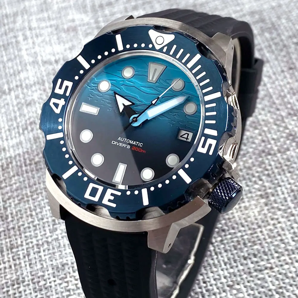 Blue Dial Monster Automatic Men Watch Japan NH35A Movement 120 Click Bezel 3.8 Crown Waffle Band Luminous Marks 200m Waterproof