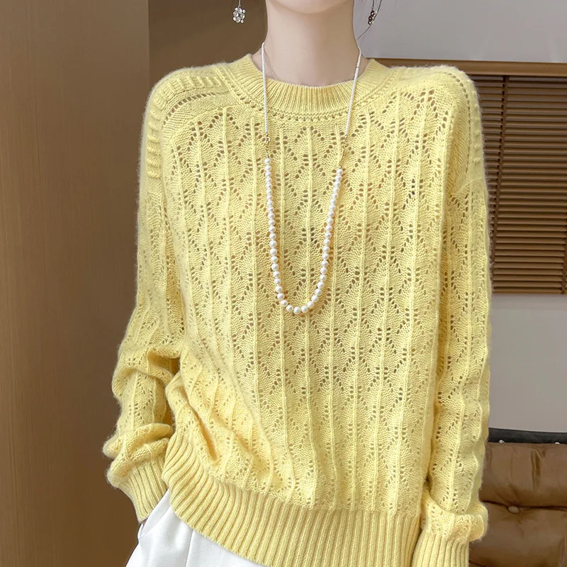 2024 Autumn and Winter New Manufacturers Strictly Choose Wool round Neck Hollow Crochet Design Idle Style Women's Sweat