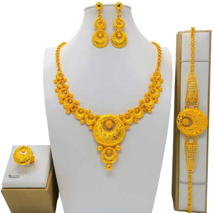 Trendy Nigerian Dubai Gold Color Jewelry Set For Women Tassel Long Chain Bridal Long Necklace Bracelet Earring Ring Wedding Sets