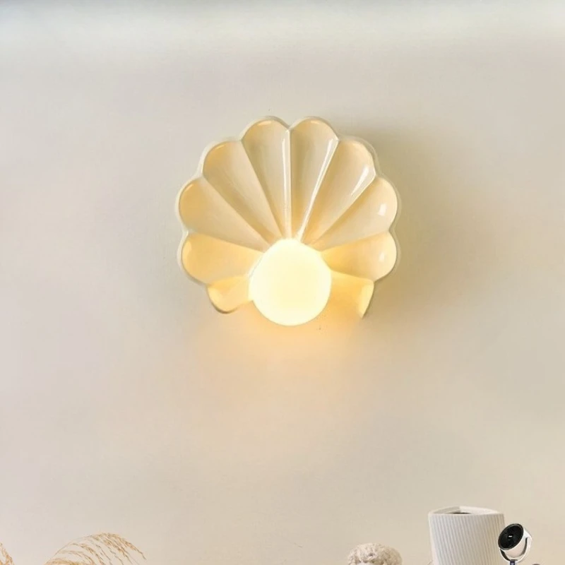 

Design French Cream Style Wall Lights Pearl Scallop Living Dining Room Corridor Bedroom Bedhead Art Decorative Lighting Fixtures