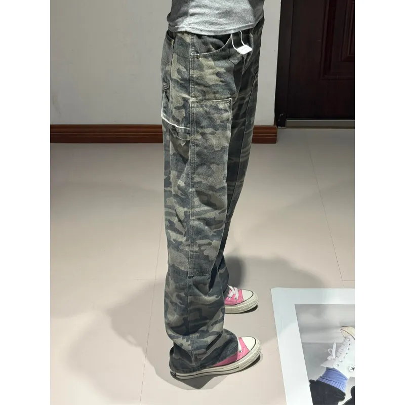 

American Sle Men's Spring Autumn Loose Straight Legged Retro Camouflage Work Trousers Slim Wide Leg Pants Casual Cotton Pol...