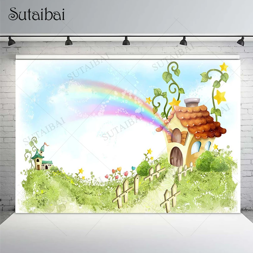 

Nature Scenery Cartoon Party Theme Backdrop Rainbow Cute House Newborn Baby Shower Happy Sweet Photocall Personalize Banner Prop