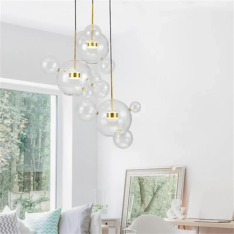 Candelabro LED de cristal transparente, iluminación moderna para sala de Estar, comedor, luces colgantes de cristal de burbujas