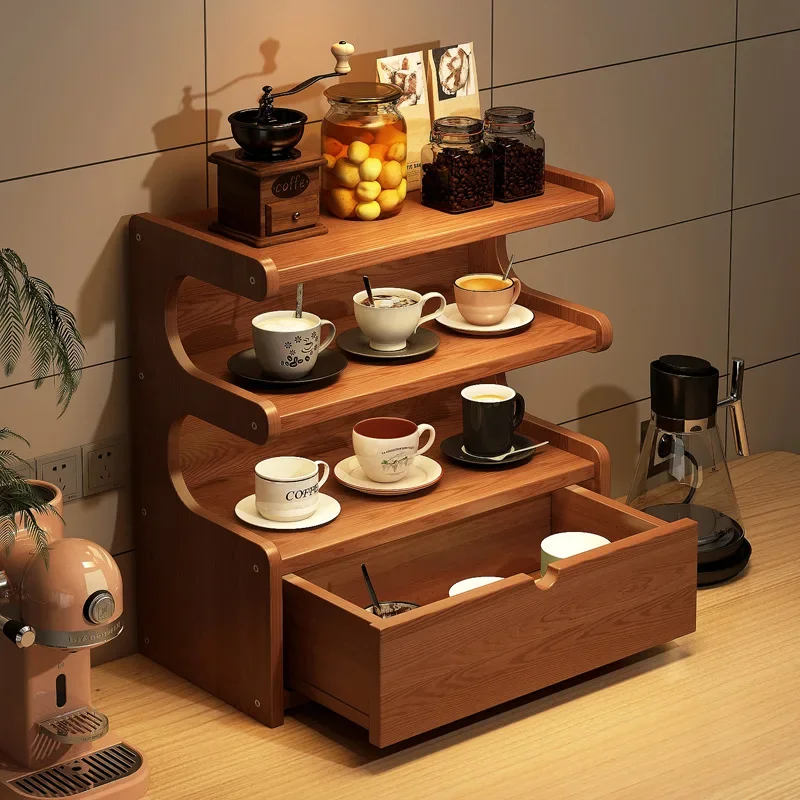 

Household Goods Solid Wood Desktop Rack, Coffee Cup Bar Storage, Home Kitchen Cup Holder, Storage, With Drawer Display Rack