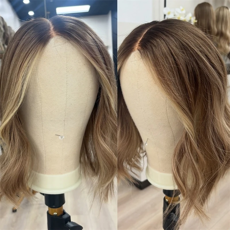 パーティーウィッグ ショートウェーブ ボブ オンブレ ブラウンブロンド ミドルパート 合成レースフロントウィッグ 生え際プレプラッキング済み 耐熱ファイバーウィッグ