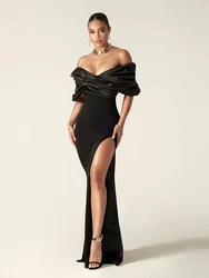 Sexy Satin Ruffle Shoulder High Slit Long Dress Women Black Off the Shoulder Pleat Bodycon Maxi Dress Elegant Evening Party Gown