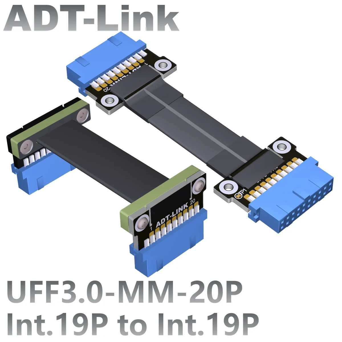 ADT-Link USB 3.0 Int.19P Male Socket Header to Int.19P Male Extender Flat Cable Internal 19P Front Panel Adapter with Screw Hole