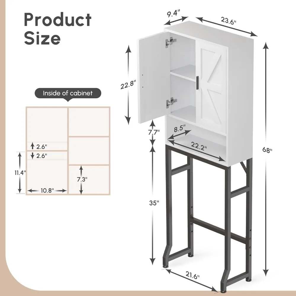 خزانة تخزين فوق المرحاض، منظمات الحمام والتخزين مع أبواب الحظيرة، حامل معدني سميك وخشب MDF فوق المرحاض S