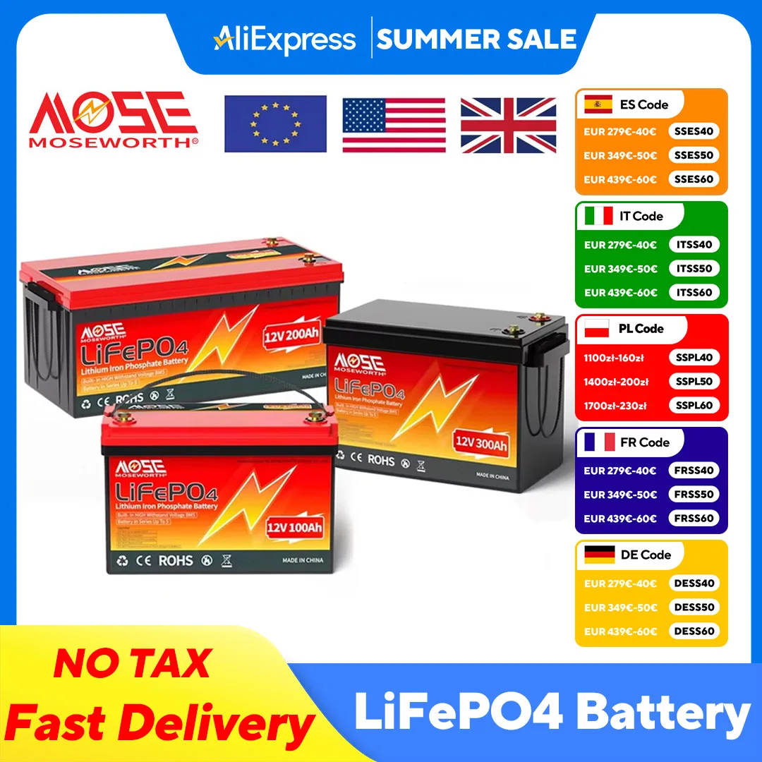 

12V 100Ah 200Ah 300Ah LiFePO4 Battery with BMS Deep Cycle Lithium Iron Phosphate Battery for RV Campers Solar Golf Carts Marine