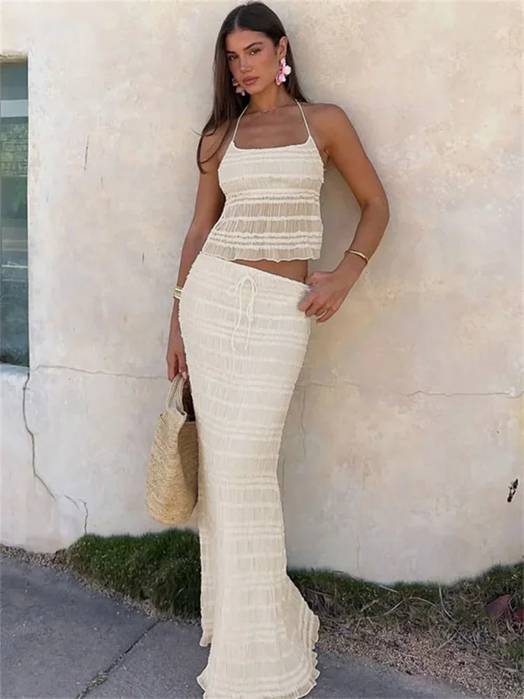 

Fashion Sexy 2 Piece-Set Long Skirt For Women Backless See-Through Cropped Top And High Waist Patchwork Maxi Skirt Outfits