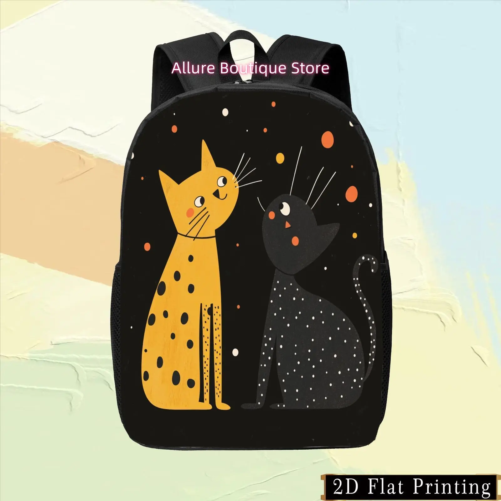 1pc Colorful Single-Sided Printed Student Backpack with Black Cartoon Cat Design, Hand-Wash Print, Zipper Closure Multi-Purpose