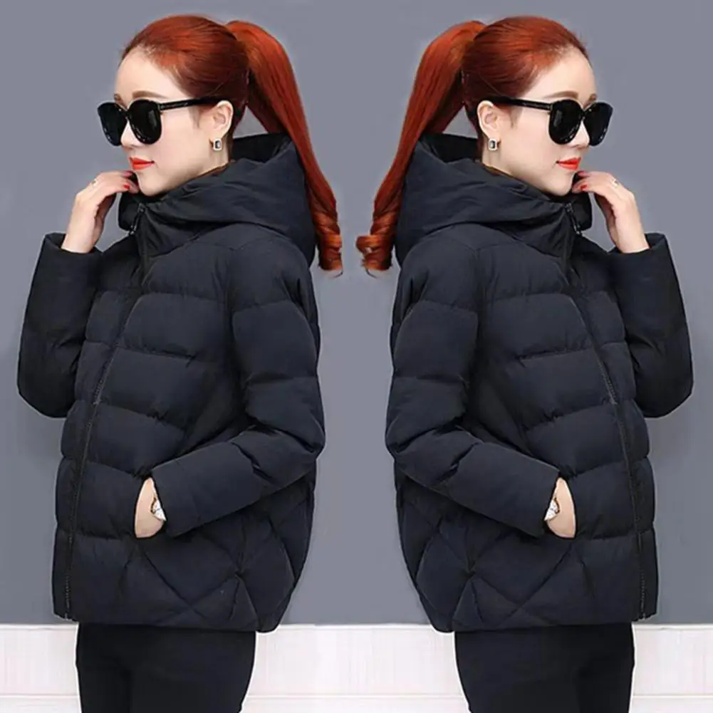 

Women Parkas Winter Zipper Closure Hooded Outerwear Solid Color Long Sleeve Loose Quilted Coat Female Down Coat For Cold Weather