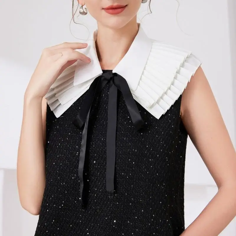 652F Tie Pleated Collar Girls Detachable Victorian Collar Lapel Preepy Look Cosplay Victorian Pleated Shawl Collar