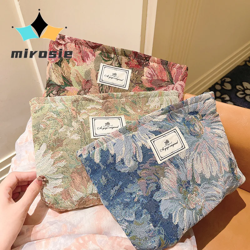 

MIROSIE-Vintage Makeup Bag with Zipper, Jacquard Fabric for Storage, Portable Travel Skincare and Toiletry Pouch, Thickened