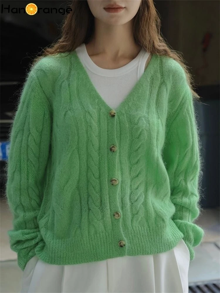 HanOrange 2024 Spring Slouchy Mohair Knitted Cardigan Women Comfortable Soft Waxy Casual Knitting Top Female Green/Blue