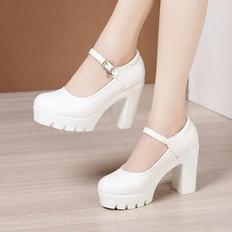 10cm Small Big Size 32-43 Shallow Red Wedding Shoes Bride Platform Pumps 2025 Fall Block High Heels Shoes Leather Office Model