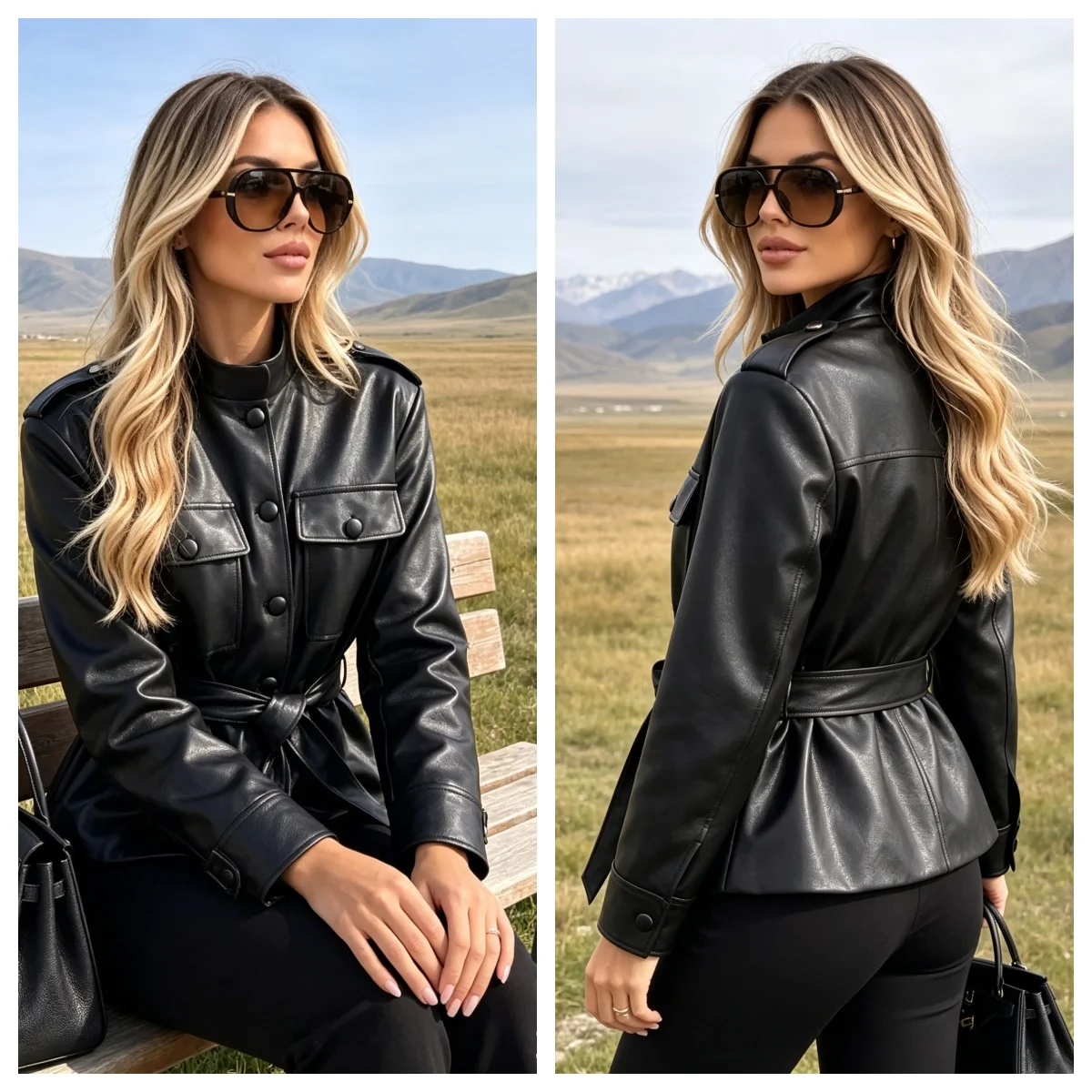 Women Vintage Safari Style PU Leather Jacket Stand Collar Shoulder Flap Pockets Self Tie Belt Waist Fitted Black Outerwear