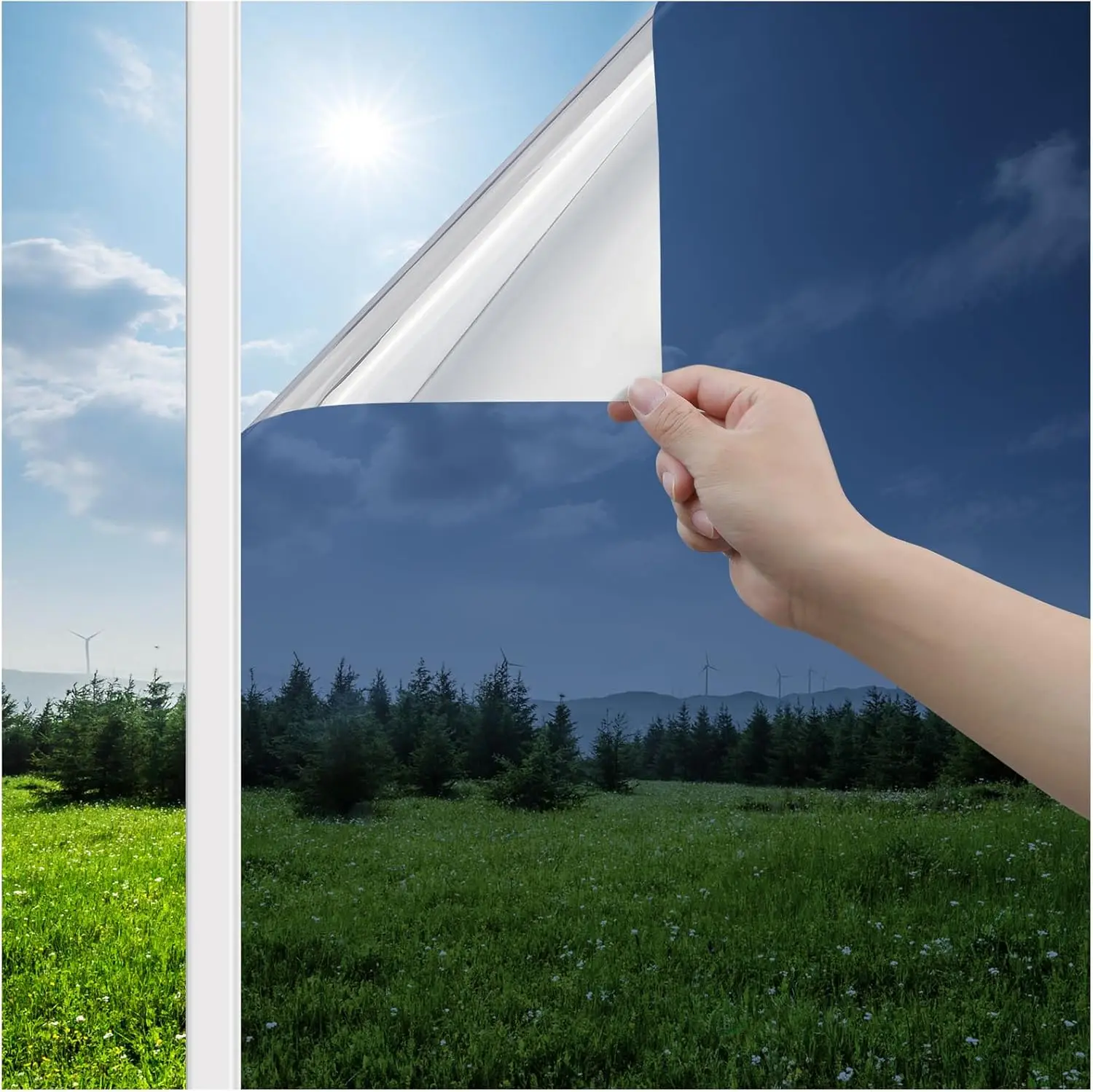 

One Way Window Privacy Film, Heat Control & UV Blocking, Static Cling, Blue Silver 35.4x157.4in