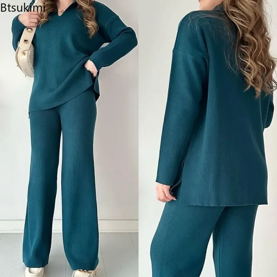 2024 Women\'s Knitted Pullover Suit Sets 2PCS Solid V Neck Split Loose Female Pants Set Wide Leg Pants High Waist Matching Sets