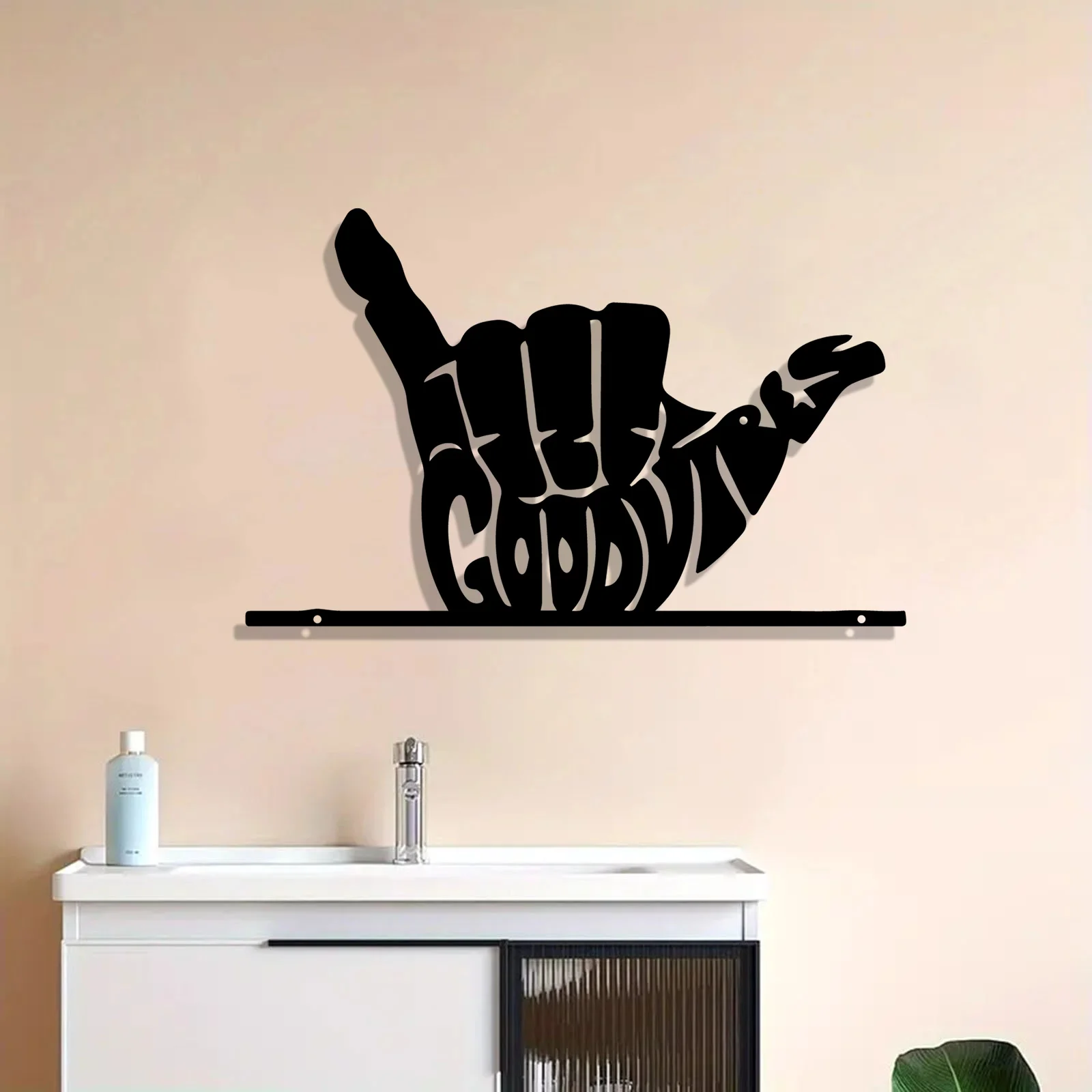 

1pc Retro Coastal Surf Hand Gesture Metal Wall Art Iron Sculpture Hang Loose GOODVIBES Print Shiny Metallic Finish Durable Indoo