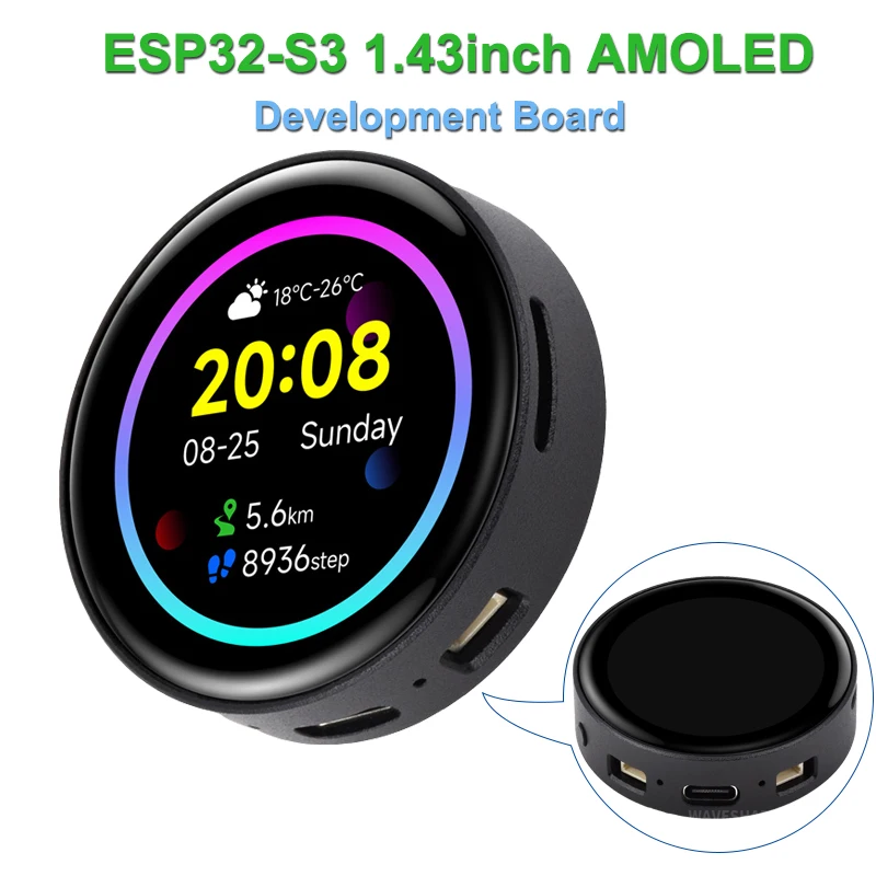 ESP32-S3 1.43 polegadas AMOLED Touchscreen Placa de Desenvolvimento 466x466 Display Redondo ESP32 Display HMI LVGL GUI Desenvolvimento