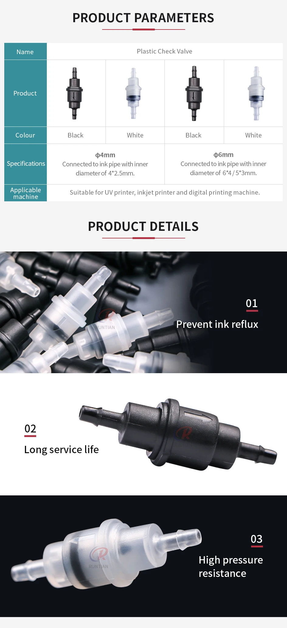 4 Stück Rückschlagventile für Tintenstrahldrucker, Kunststoff-Rückschlagventil Φ4mm Φ6mm, verhindert Tintenrückfluss, Einwegventil für Flora – Detail 2