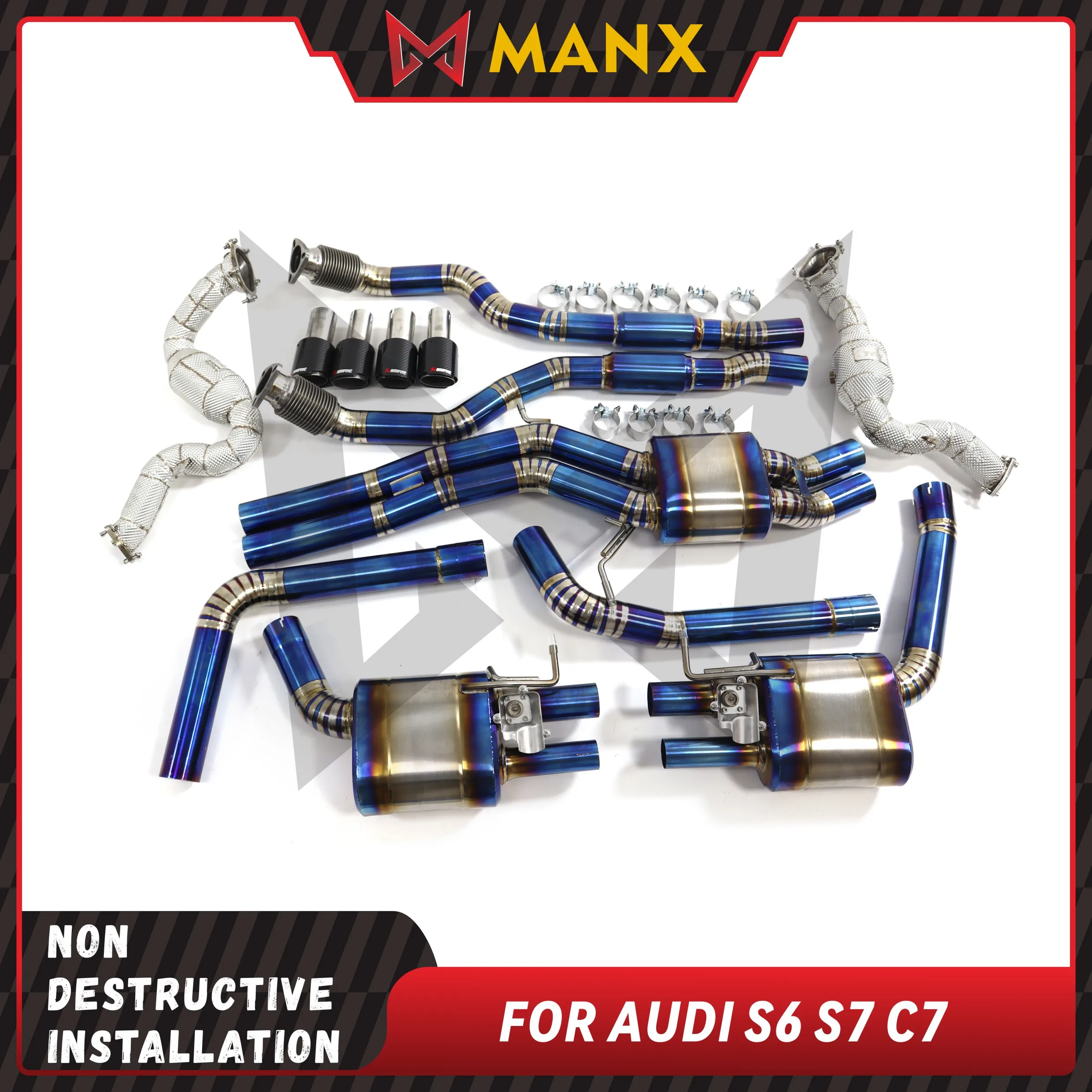 

Suitable for Audi S6 S7 C7 Titanium alloy bluing Performance Full exhaust Downpipe Resonant tube Catback Muffler With Valve