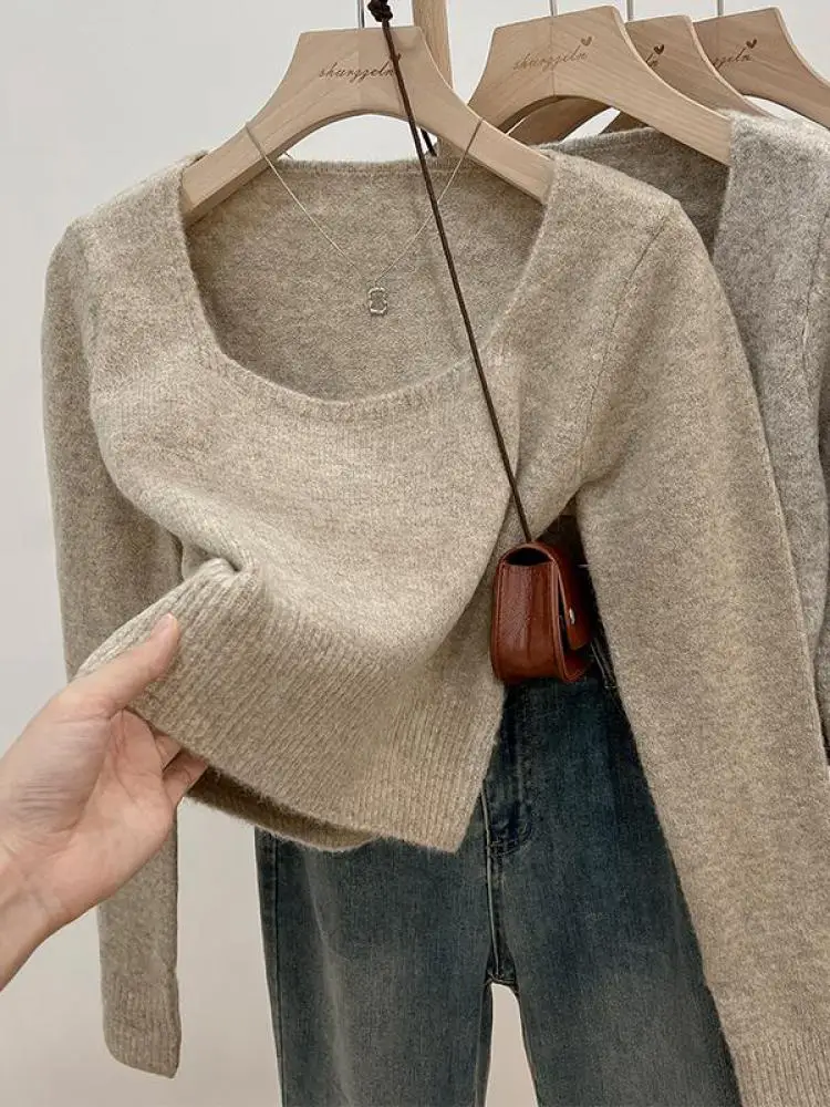 

Korean Fashion Women's Solid Long Sleeve Square Neck Knitted Sweater 2024 Autumn Winter New Holiday Short Tops Casual Simplicity