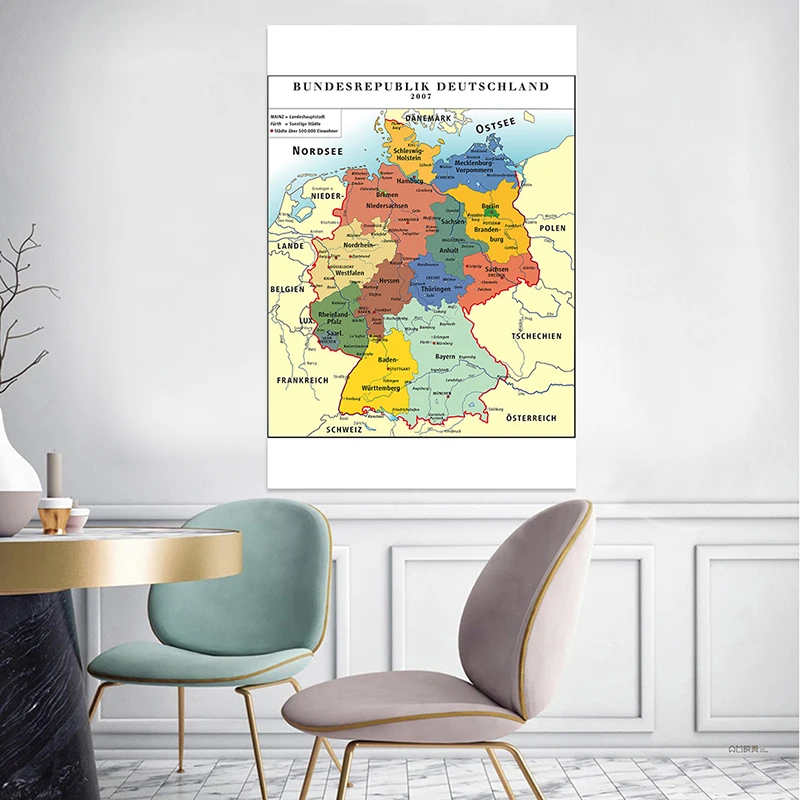 100 * 150 cm Niemcy Mapa administracyjna w Niemieckim nieoprawionym płótnie Malarstwo ścienne Plakat Pokój dzienny Dekoracja domu