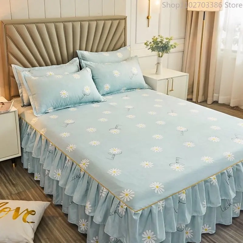 3pcs Bedding Bed Skirt with 2pcs Pillowcases Wedding Bedspread Bed Sheet Mattress Cover Full Twin Queen King Size Bedsheets