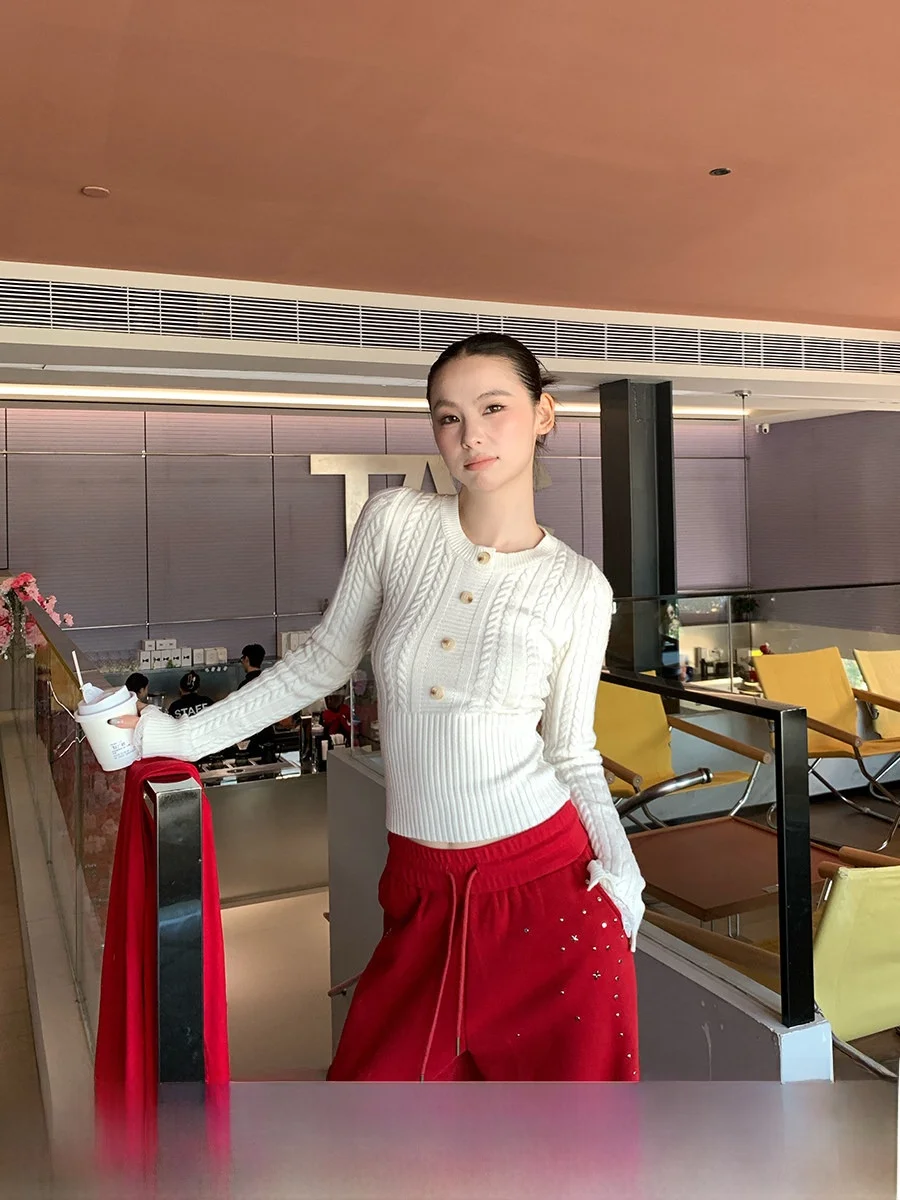 

Retro American Sle Women's Knitted Sweater Slim Fit Waist Cinched Long Sve Top Spring Faion Casual Boting irt