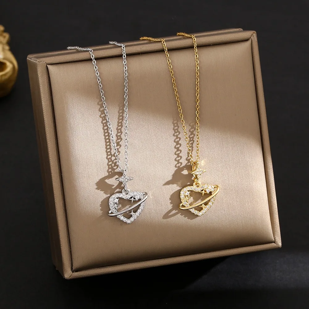 Cute Full Zircon Hollow Heart Planet Pendant Necklace for Women Luxury Gold color Stainless Steel Chokers Jewelry Gift Colorfast