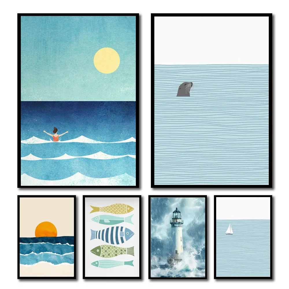 1pc Canvas Painting frameless 1pc Aesthetic Coastal Canvas Wall Art Seaside Beach Birds Fish House Decor Modern Ocean Waves Mini