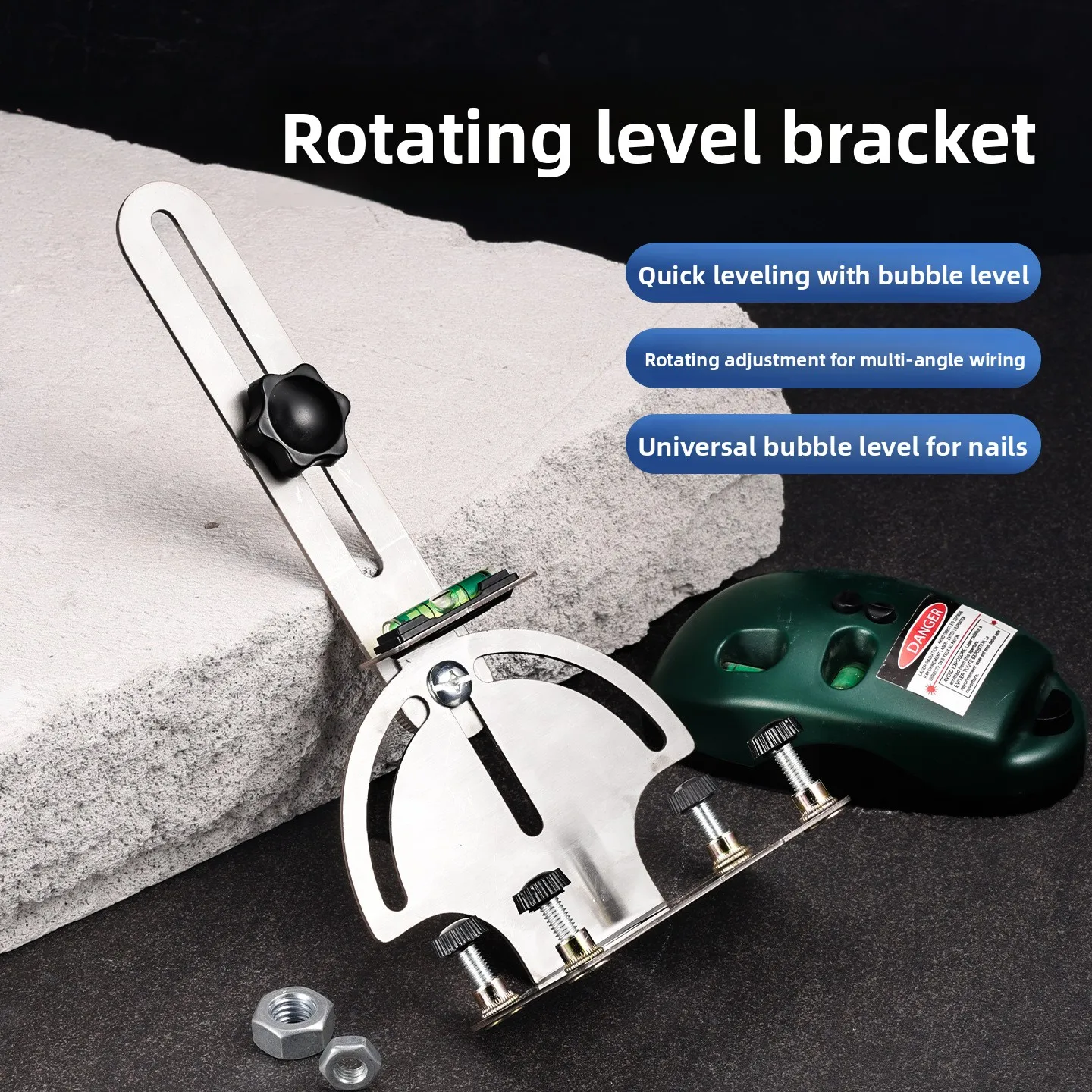 

Stainless Steel Wall Mount Level Bracket Quick Release Wrench Free Adjustable Rotating Spirit Level Holder for Easy Install