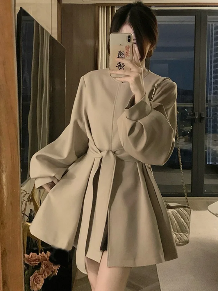 

Kumikumi женское винтажное круглое пальто Ne, свободная посадка, осенняя верхняя одежда средней длины, универсальная утягивающая корейская одежда