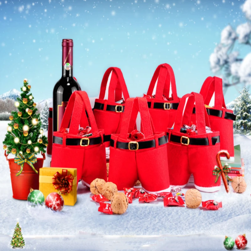 1Pcs Merry Christmas Gift Treat Candy Wine Bottle Holder Santa Claus Suspender Pants Trousers Decor Christmas Gift Bags Cute