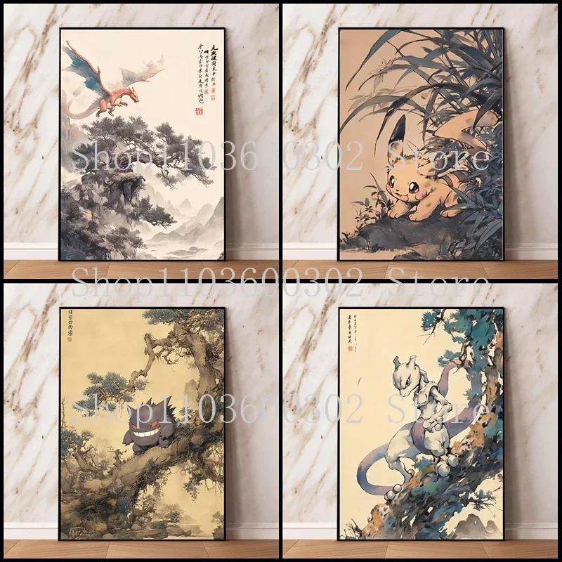 Anime Pokemon Character Poster Ink Painting Canvas Painting and Print Office Wall Art Painting Suitable for Living Room Gift