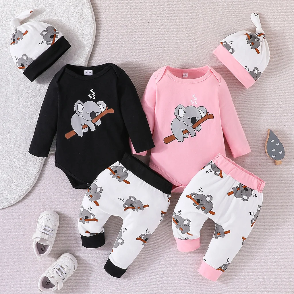 Clothing Set For Kid Unisex 0-18 Months Long Sleeve Cartoon Cute Koala Romper and Pant with Hat Outfit For Newborn Baby Boy Girl